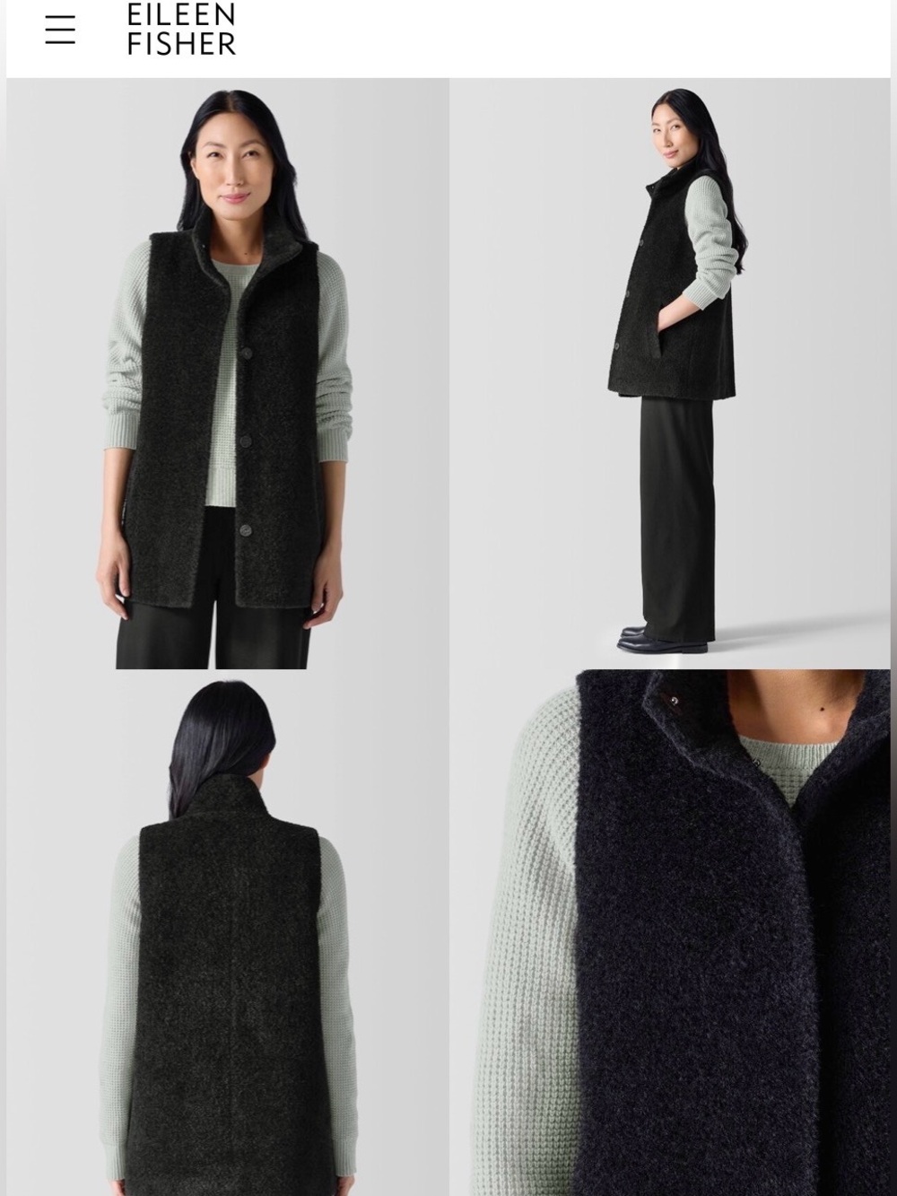 Eileen Fisher Black Fine Wool Alpaca Stand Collar Vest Jacket size Medium